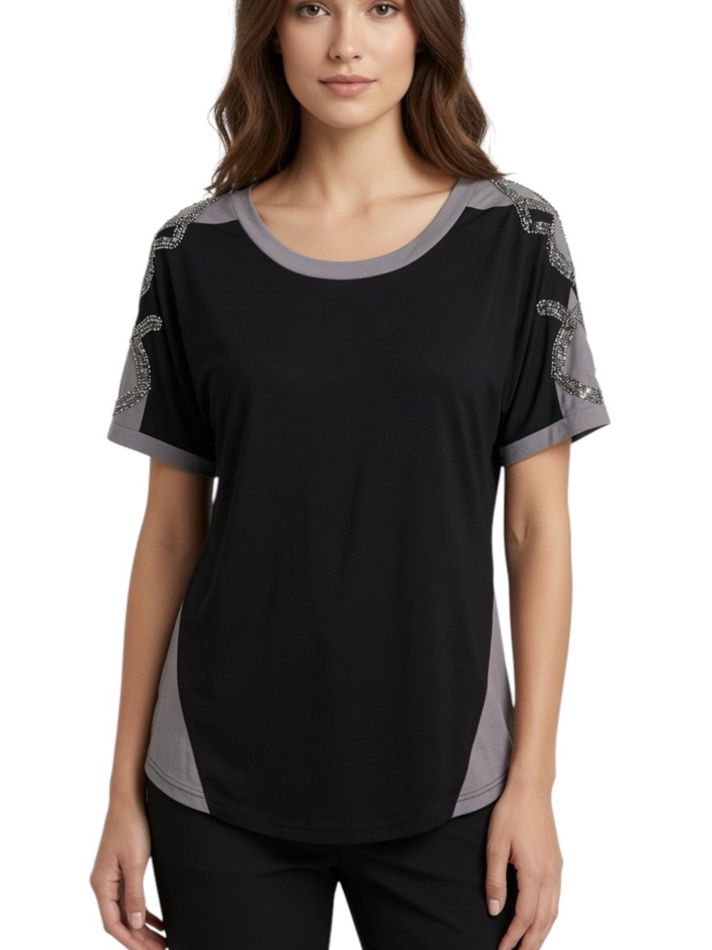 MISS ME: Embellished Beaded Shoulder Sleeve Blouse - Size Medium